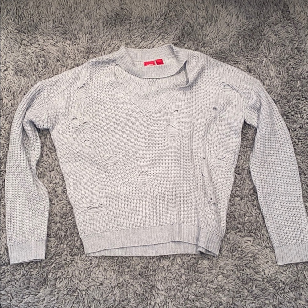 Gray distressed scoop neck sweater